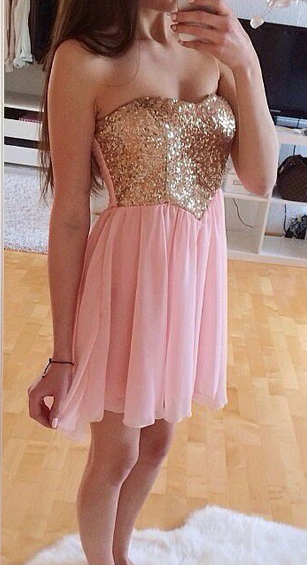 Handmade Sparke A-line Short Pink Chiffon With Sequins, Short Prom Dresses, Homecoming Dresses,
