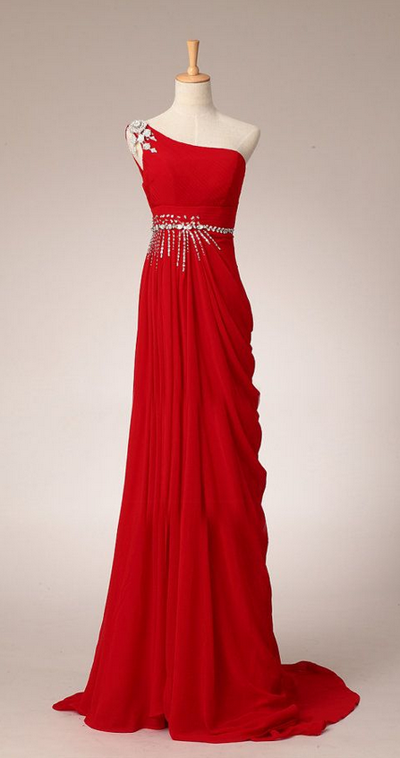 Pretty Elegant Red One-shoulder Prom Dress With Beadings, Simple Red Prom Dresses, Prom Gowns, Evening Dresses