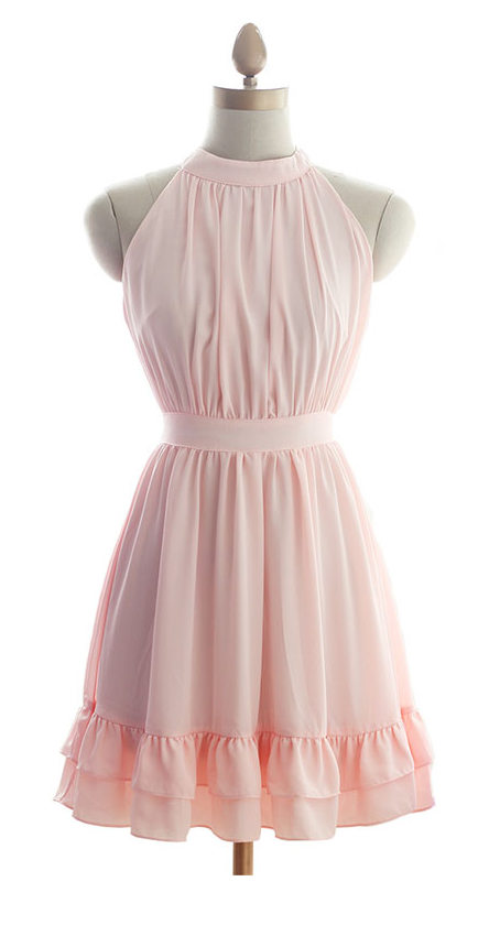 Pretty Chiffon Pink Halter Short Prom Gown With Bow, Cute Short Prom Dresses