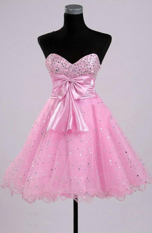 Custom-made Cute Pink Short Ball Gown Prom Dresses With Beadings And Bow, Cute Prom Dresses,