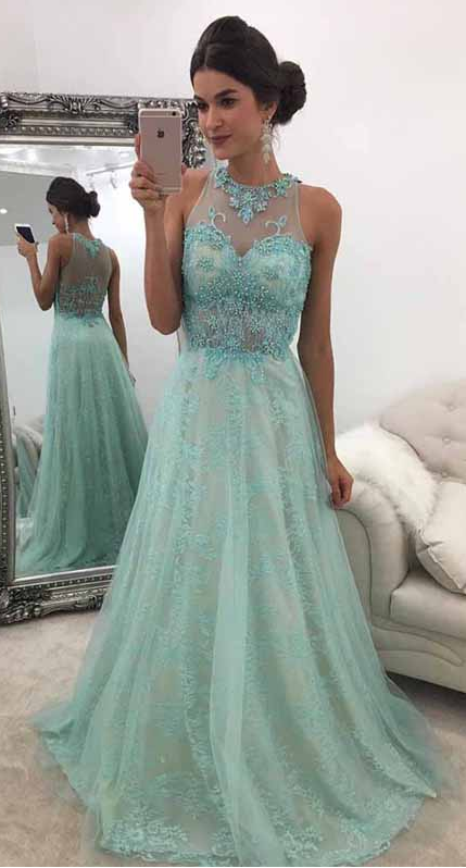 A-line Round Neck Sweep Train Mint Green Prom Dress With Beading Lace