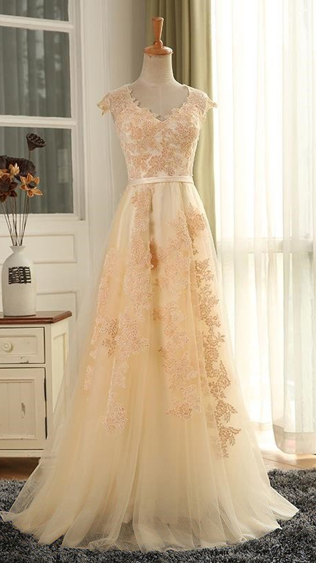 Modern Cap Sleeves Sweep Train Apricot Prom Dress With Appliques