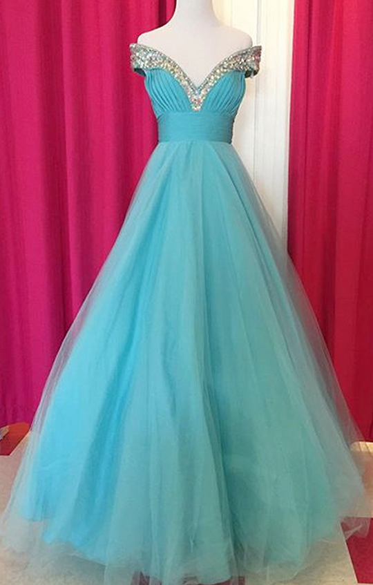 Fabulous Off Shoulder Floor Length Blue Ruched Prom Dress With Beading Celebrity Dresses
