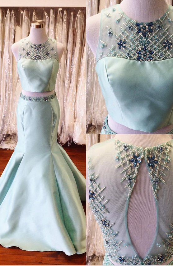 Two Pieces Long Mermaid Satin Prom Dresses For Teens,handmade Mint Backless Prom Gowns