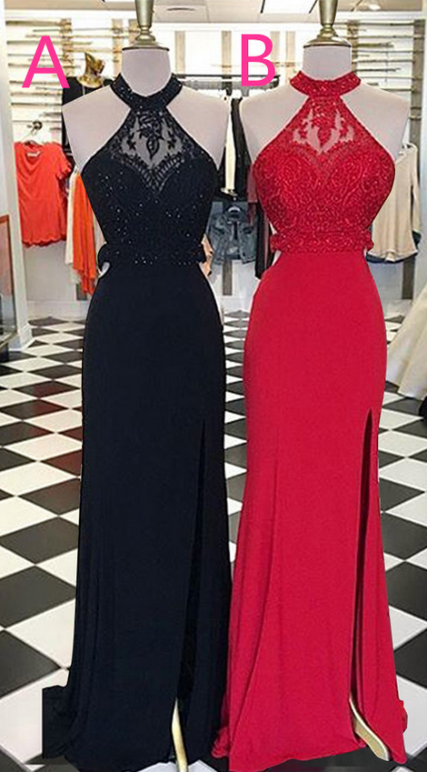 Pretty Black And Red Long Prom Dresses,front Split Prom Gowns,high Neckline Prom Dress