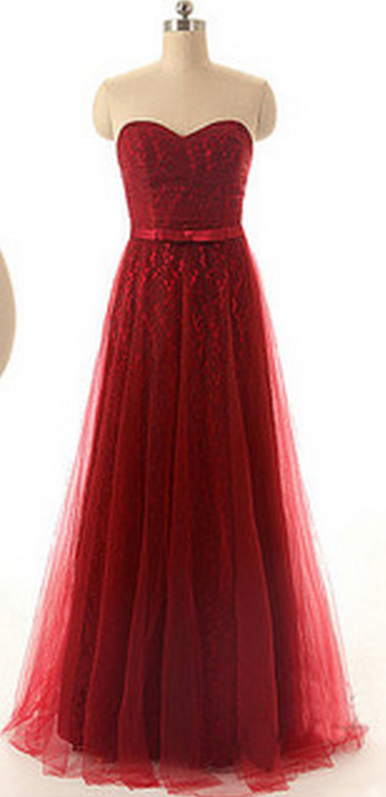 Red Lace Sweetheart Floor Length Tulle A-line Prom Dress Featuring Bow Accent Belt