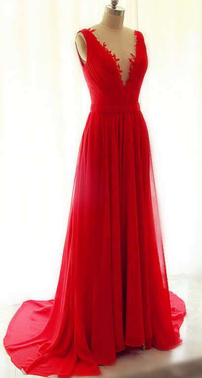 Beautiful Red Chiffon Long V-neckline Handmade Evening Gowns with See Through Tulle, Red Party Dresses,