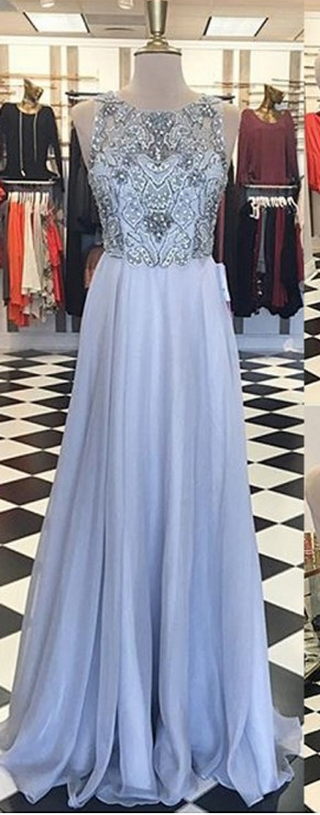 A-Line Crew Neck Illusion Back Floor-Length Lavender Prom Dress with Beading