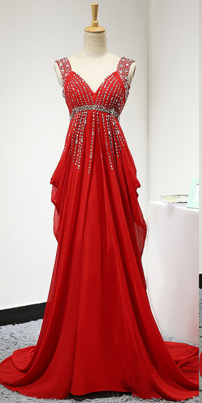 Red Backless Prom Dress,long Elegant Chiffon Ruched Bridesmaid Dresses, Sexy V Neck Pleated Beaded Chiffon Women Evening Dresses ,long Elegant