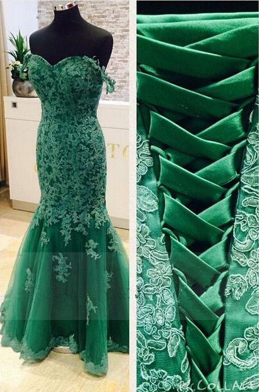 Amazing Hunter Green Tulle Off The Shoulder Lace Applique Formal Dresses-evening Gowns, Prom Dress