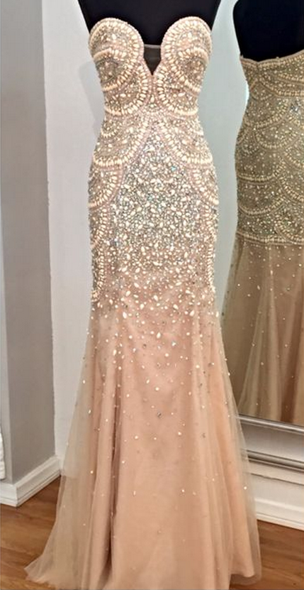 Prom Gown,Champagne Prom Dresses,Mermaid Prom Gowns,Tulle Prom Dresses,Beading Prom Dresses,Mermaid Prom