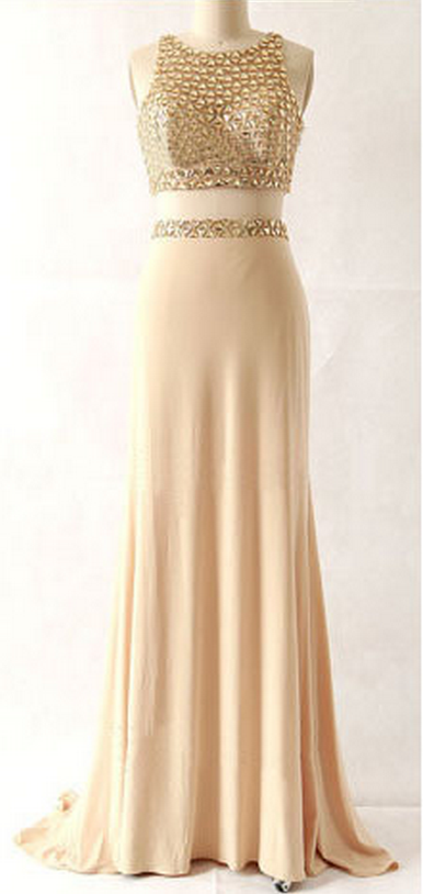 Long Prom Dress, Two Piece Prom Dress, Modest Prom Dress, Gold Prom Dress, Affordable Prom