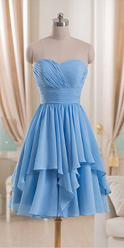 Blue Chiffon Ruched Sweetheart Short Ruffled A-line Bridesmaid Dress