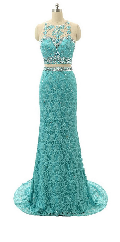 Charming Prom Dress, Ladies Sheath/column Scoop Neck Lace Tulle Sweep Train Beading Two Piece Prom Dresses