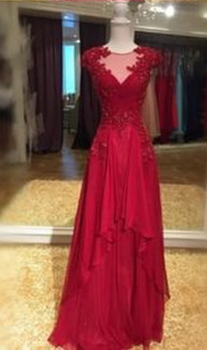 Charming Wine Red Handmade Long Chiffon Prom Dress with Lace Applique, Wine Red Prom Gowns, Formal