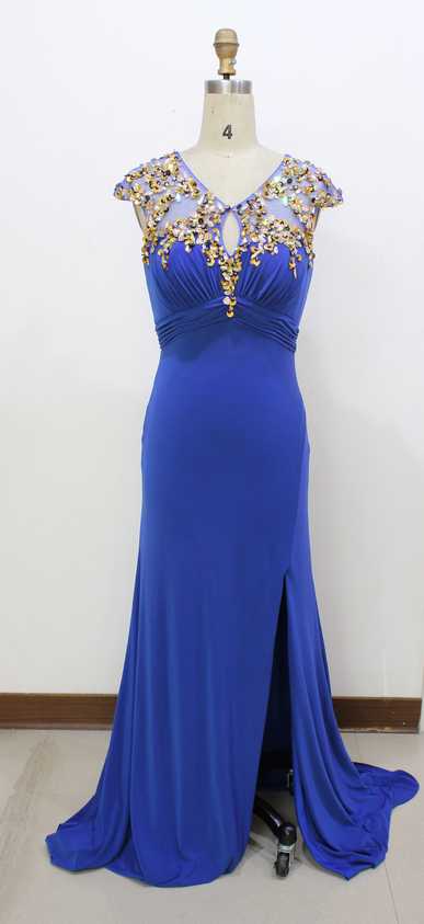 Prom Dress, Simple Real Image Picture Evening Prom Dresses , Sexy Royal Blue Side Slit Flower