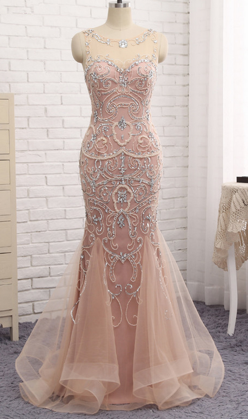 Mermaid Prom Dresses,dubai Long Charming Prom Dress Evening Dresses Blush Crystal Beaded Pearl Sheer Prom Dress