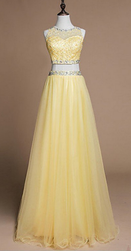 Prom Dress, Yellow Two Piece Sequin Beading Long Prom Dress With Illusion Sweetheart