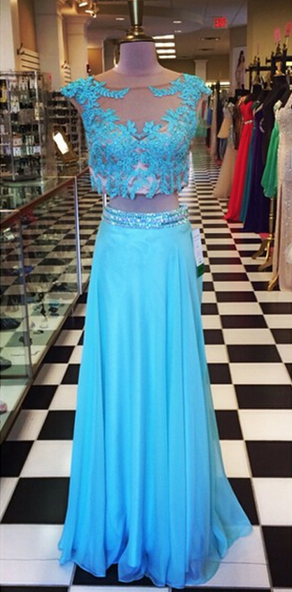 Prom Dress, A Line Turquoise Prom Dresses Two Pieces Lace Beaded Crystals Pleat Evening Party Dresses
