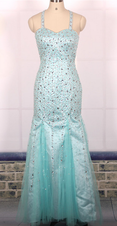 Prom Dress, Custom Cheap Ball Gown Heavy Beaded Sexy Backless Blue Long Mermaid Prom Dresses Gowns, Formal
