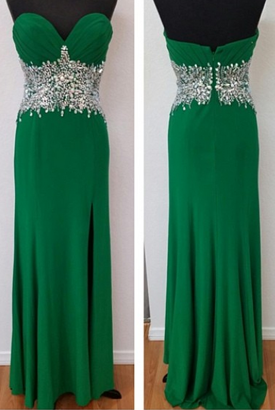 Charming Prom Dress, Green Sweetheart Beaded Zipper Back Long Prom Dresses,wedding Guest Prom Gowns