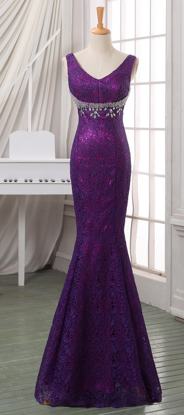 Purple Sleeveless V-neck Lace Jewel Embellished Mermaid Floor-length Prom Dress, Evening Dress