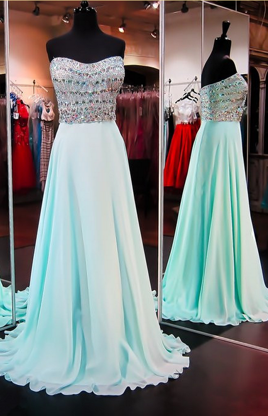 Prom Dresses,evening Dress,prom Dresses,sexy Gorgeous A-line Sleeveless Strapless Chiffon Crystals Evening Dress