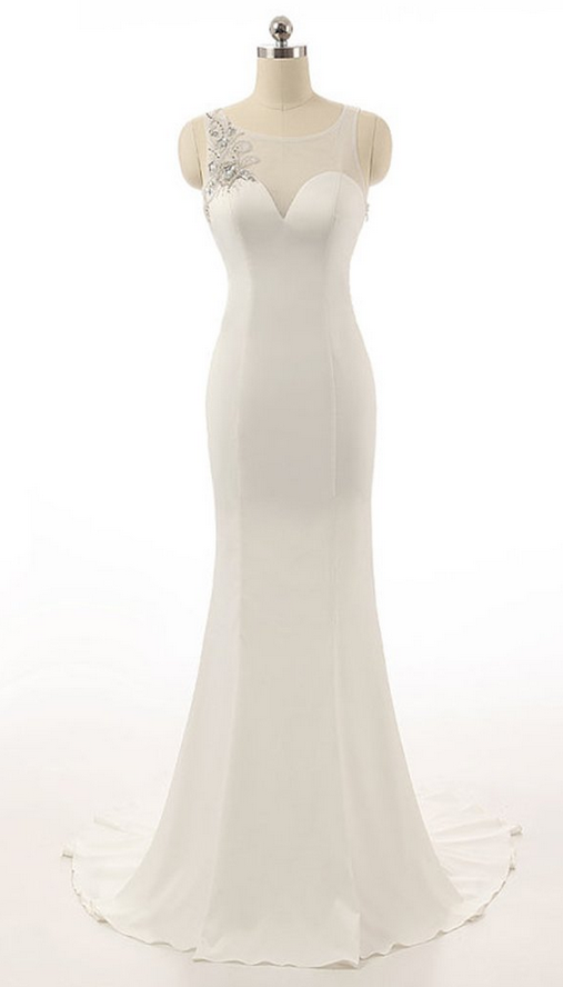 White Chiffon See-through Beading Bowknot A-line Mermaid Simple Long Evening Dresses
