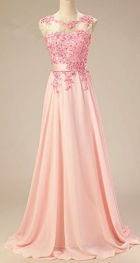 Custom Made Pink Chiffon Prom Dress,appliques Evening Dress,sleeveless Party Gown