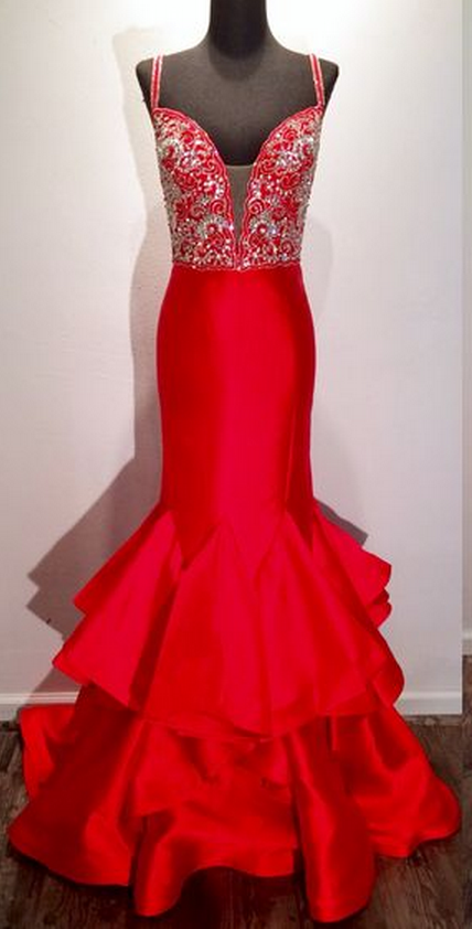 Custom Made Charming Red Mermaid Prom Dress, Spaghetti Straps Evening Dress,