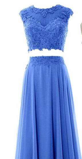 Custom Charming Blue Chiffon Prom Dress, Two Pieces Applique Evening Dress, Beading Prom Dress