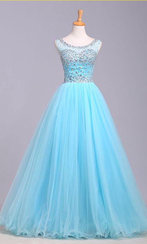 Light Blue Prom Dresses,tulle Prom Dress,modest Prom Gown,silver Beadedprom Gown,princess Evening Dress