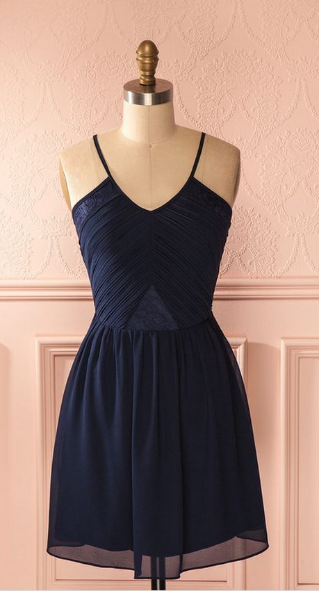 Charming Dark Blue Prom Dress,chiffon Prom Dress,spaghetti Straps Short Prom Dress