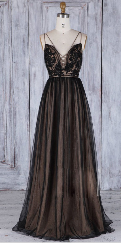 Black V Neck Lace Tulle Long Prom Dress, Black Bridesmaid Dress