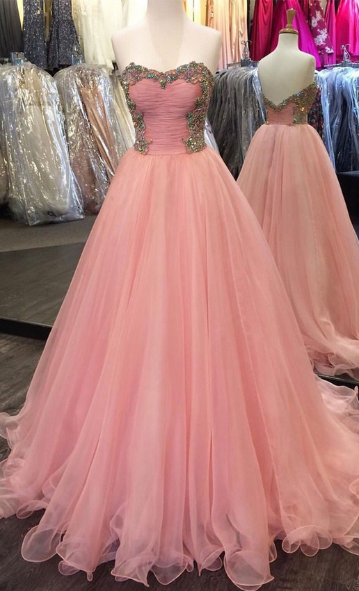 Charming Prom Dress,sexy Prom Dresses,lace Evening Dress Pink Sweetheart Neck Tulle Long Prom Dress, Pink Evening Dress