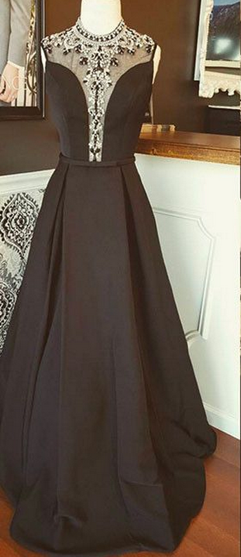 Elegant A-line High Neck Black Long Prom Dress With Beading Evening Dress