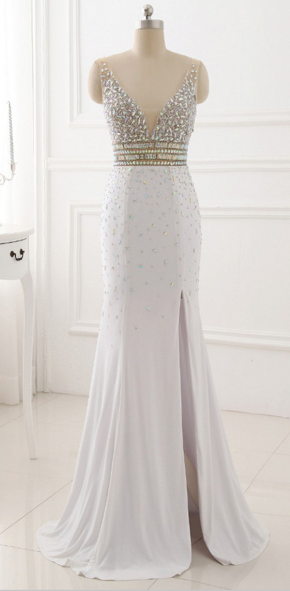 Real Picture Prom Dress,evening Party Gowns Long Sexy High Slit Chiffon Crystal Beads V-neck White Mermaid Prom Dresses