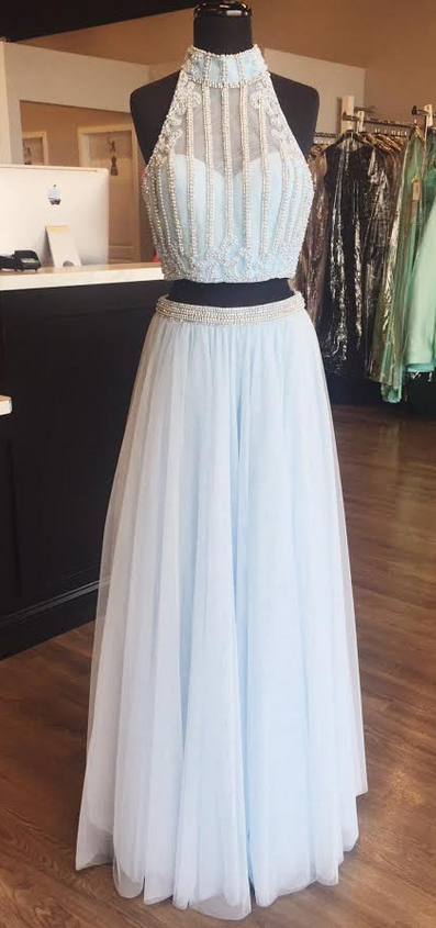 Two Piece Prom Dress,halter Beaded Celebrity Prom Dresses, Wedding Party Dresses Formal Gowns