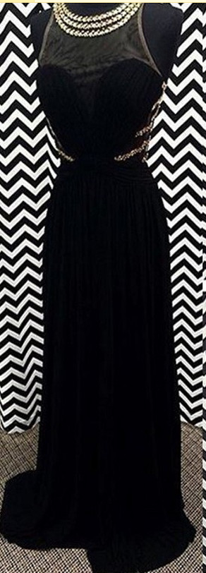 Modern A-line Crew Neck Prom Dress,floor Length Black Chiffon Evening Dress With Beading