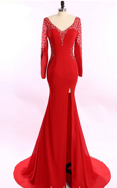 Long Sleeves Crystal Beaded Open Back Black White Red Long Mermaid Formal Prom Dresses Plus Size Accepted Vestido Largo