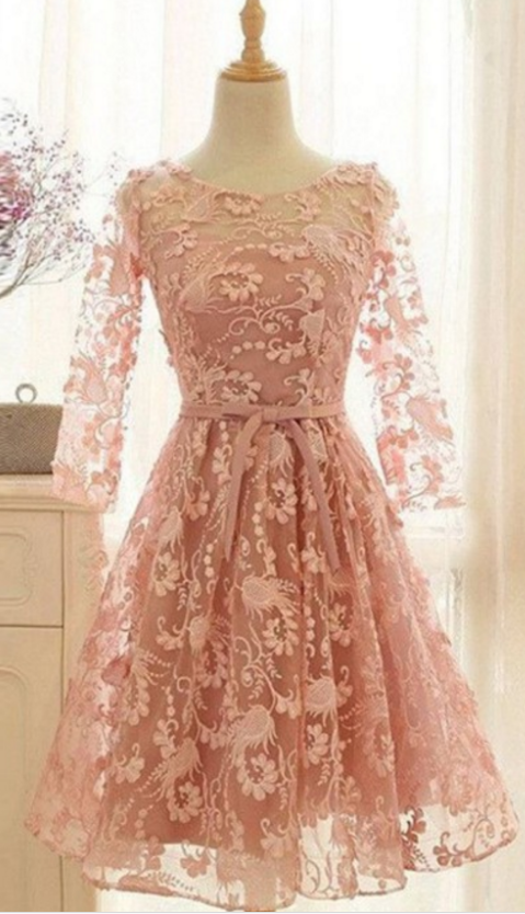 Homecoming Dresses,romantic A-line Scoop Long Sleeves Knee Length Blush Pink Lace Homecoming Dress