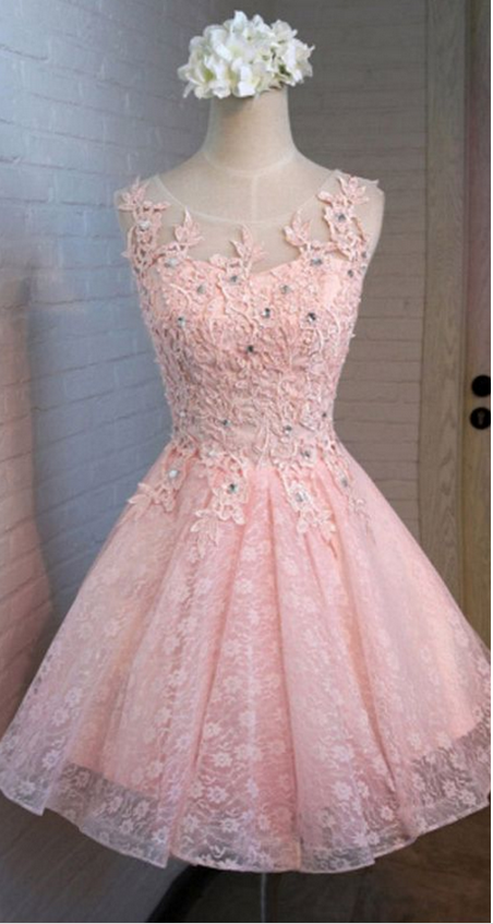 A-line Round Neck Lace Beaded Homecoming Dress Cocktail Dress