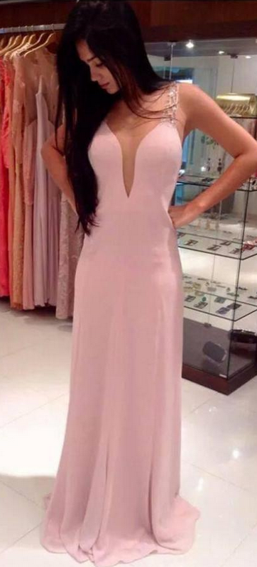 Fashion Long Sleeveless Backless Pink Long Chiffon Prom Dress