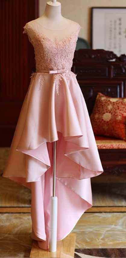 Cute High Low Homecoming Dresses, Lace-up Formal Dresses, Lovely Satin Pink Prom Dresses