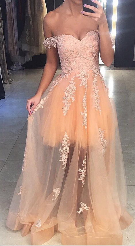 Champagne Tulle Prom Dresses, Off Shoulder Sweetheart Party Dresses
