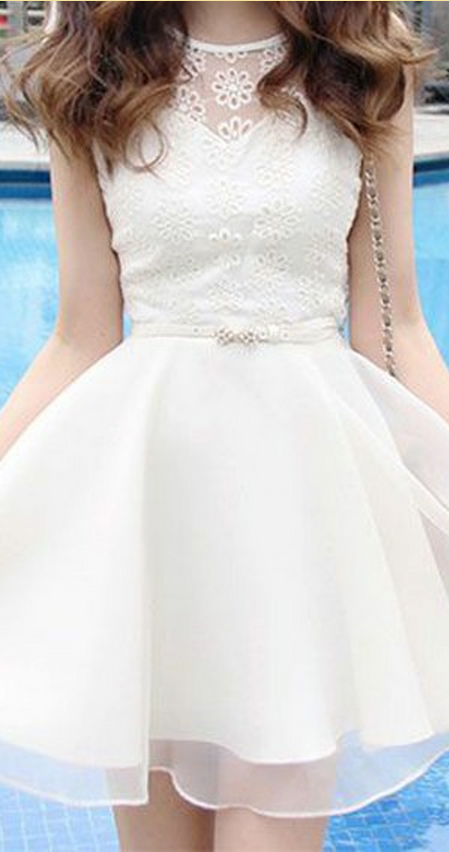 White Bateau Short Open Back White Organza Homecoming Dress With Lace