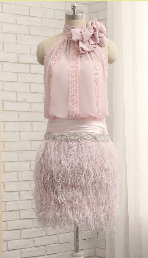 High Neck Pink Chiffon Ostrich Feather Cocktail Dress