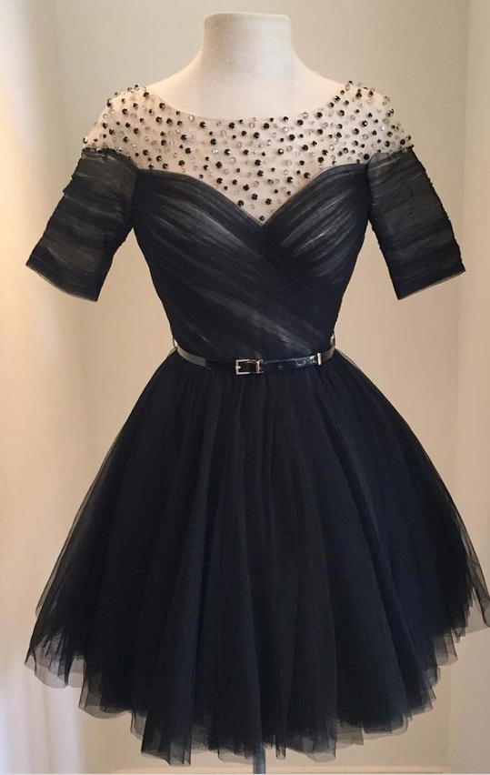 Short Cocktail Dress,black Beaded Tulle Prom Gown,cute Prom Gown