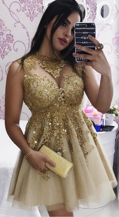 Gold Lace Short Prom Dresses High Neck Elegant Champagne Tulle Mini Party Dress Empire Pageant Gowns ,gold Cocktail Dress