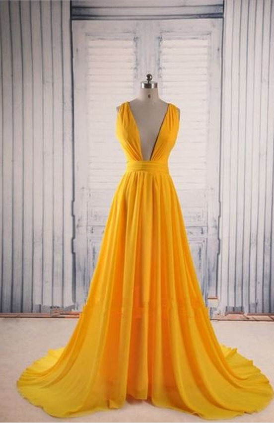 Yellow Prom Dresses,v-neck Prom Dress, Prom Dress,party Prom Dress,evening Dress